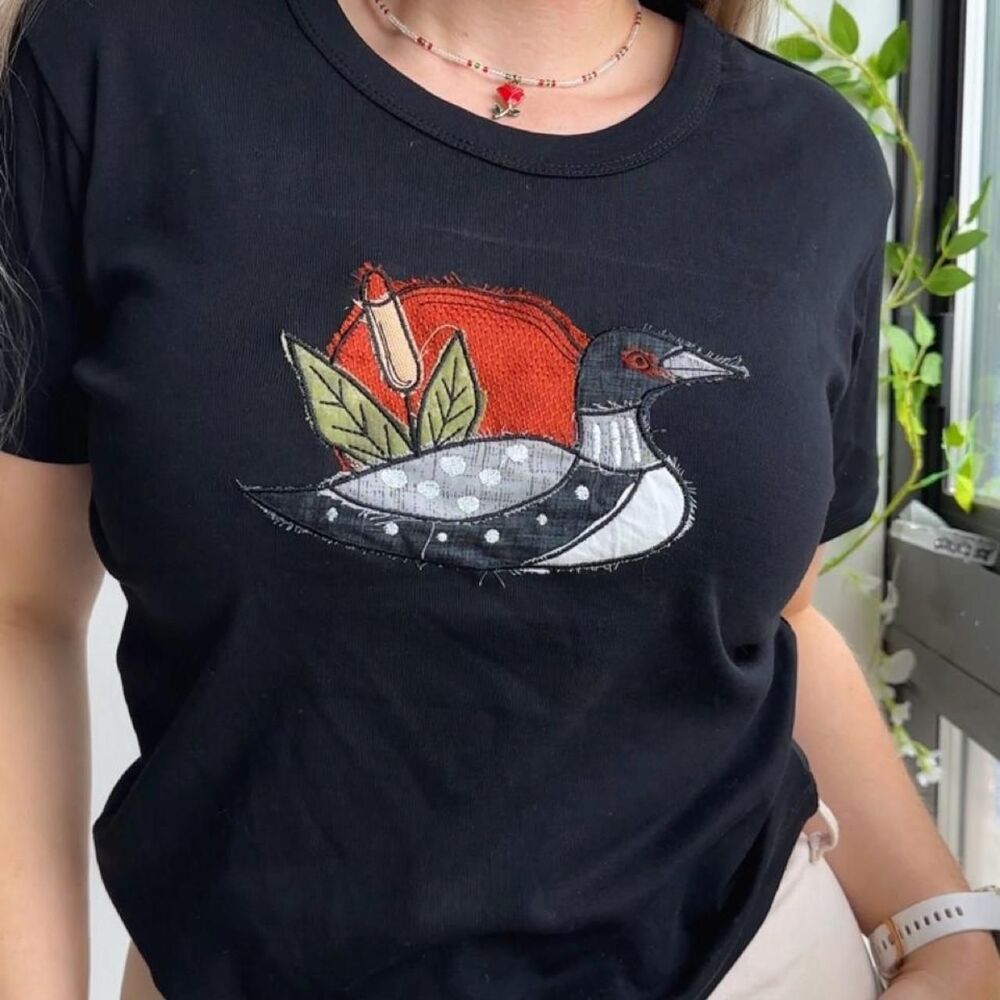 NWT 100% Cotton patchwork embroidered loon black women’s fitted baby tee